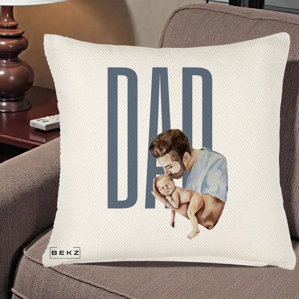 Cadou pentru Tata - Perna Personalizata DAD Tata si Nou-Nascut, 40x40 cm, Crem Reliefat, Husa Detasabila, Perna Inclusa, BEKZ®