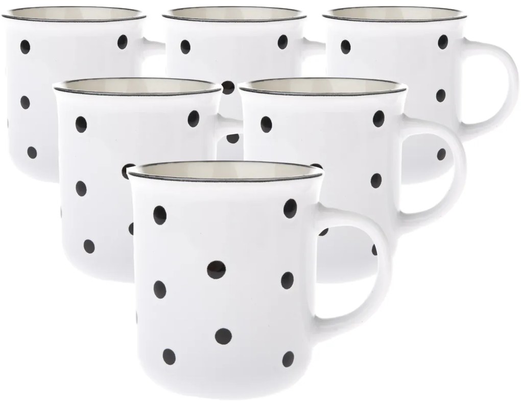Set de 6 căni din ceramică cu buline negre, 350 ml