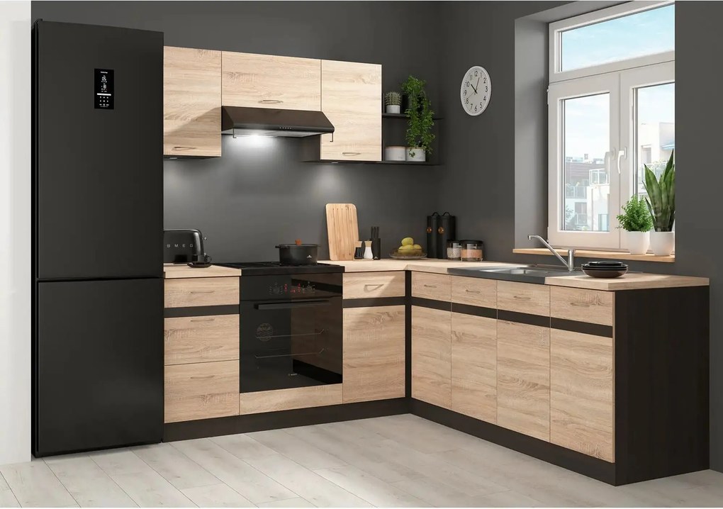 Set bucatarie JUNONA LINE, stejar sonoma/wenge, PAL, 200x220 cm, stang