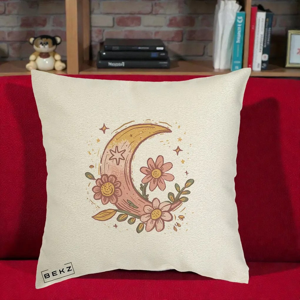 Perna Decorativa Luna Florala Boho, 40x40 cm, Ecru, Husa Detasabila, Perna Inclusa, BEKZ®