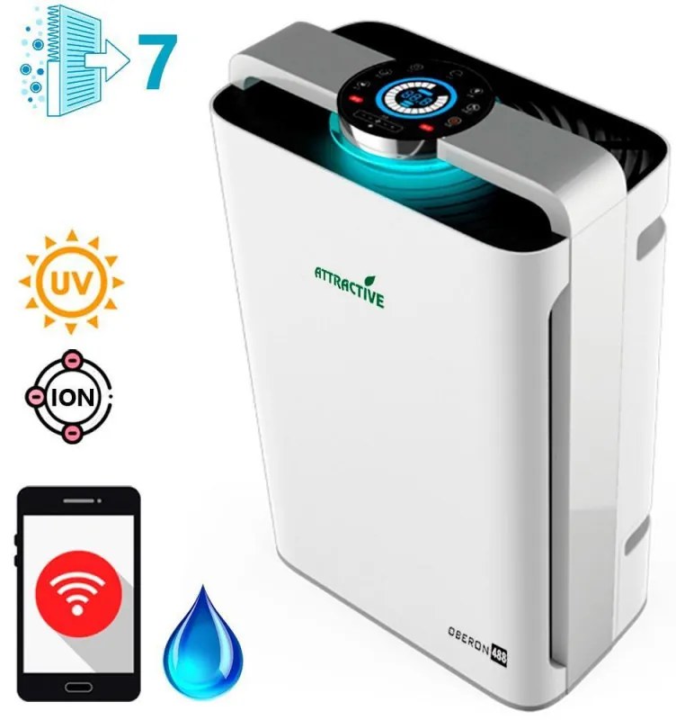 Purificator de aer cu umidificator 2in1 Oberon 488, Wi-Fi, 85W, Pana la 60 m², 488 m³/h, 8 viteze, Ionizare, Telecomandă, Ecran tactil, Wi-FI, Alb/Negru