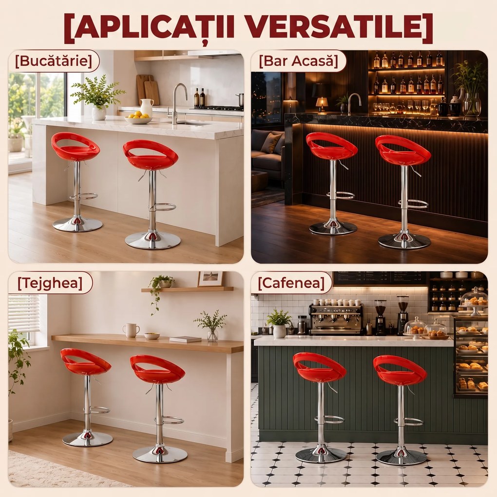 HOMCOM Set 2 Scaune de Bar Rotative cu Suport pentru Picioare și Înălțime Reglabilă, 46x41x76-96 cm, Roșu | Aosom Romania