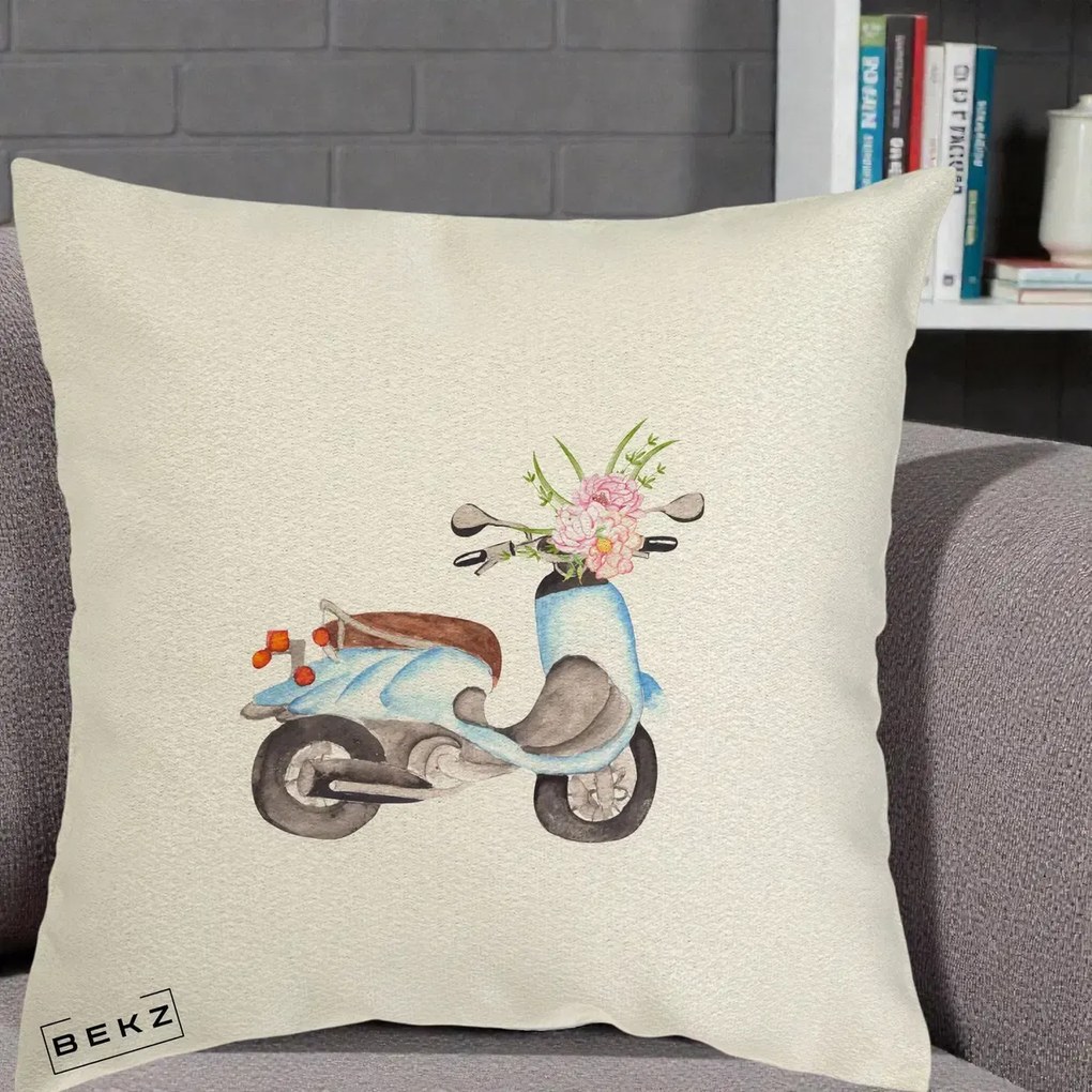 Perna Decorativa Scuter Albastru cu Flori Acuarela, 40x40 cm, Ecru, Husa Detasabila, Perna Inclusa, BEKZ®