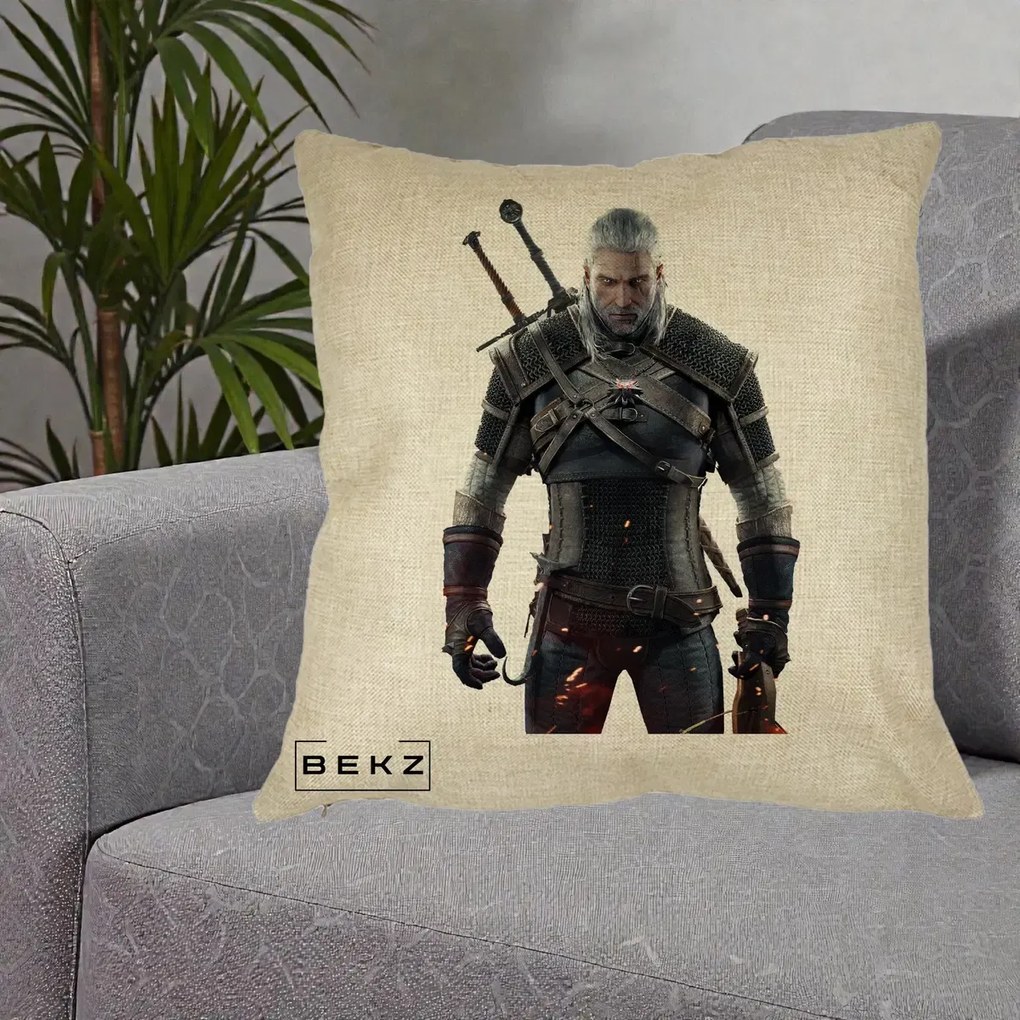 Perna Personalizata The Witcher Geralt of Rivia Portret, 40x40 cm, Crem, Husa Detasabila, Perna Inclusa, BEKZ®