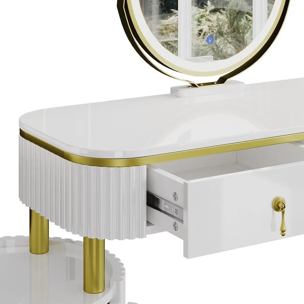 SEA422 - Set Masa toaleta, 100 cm, cosmetica machiaj, oglinda cu LED, masuta vanity - Alb-Auriu
