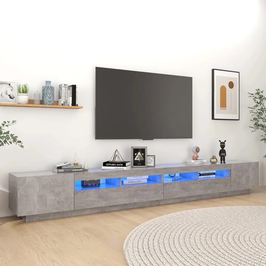 3081928 vidaXL Comodă TV cu lumini LED, gri beton, 300x35x40 cm