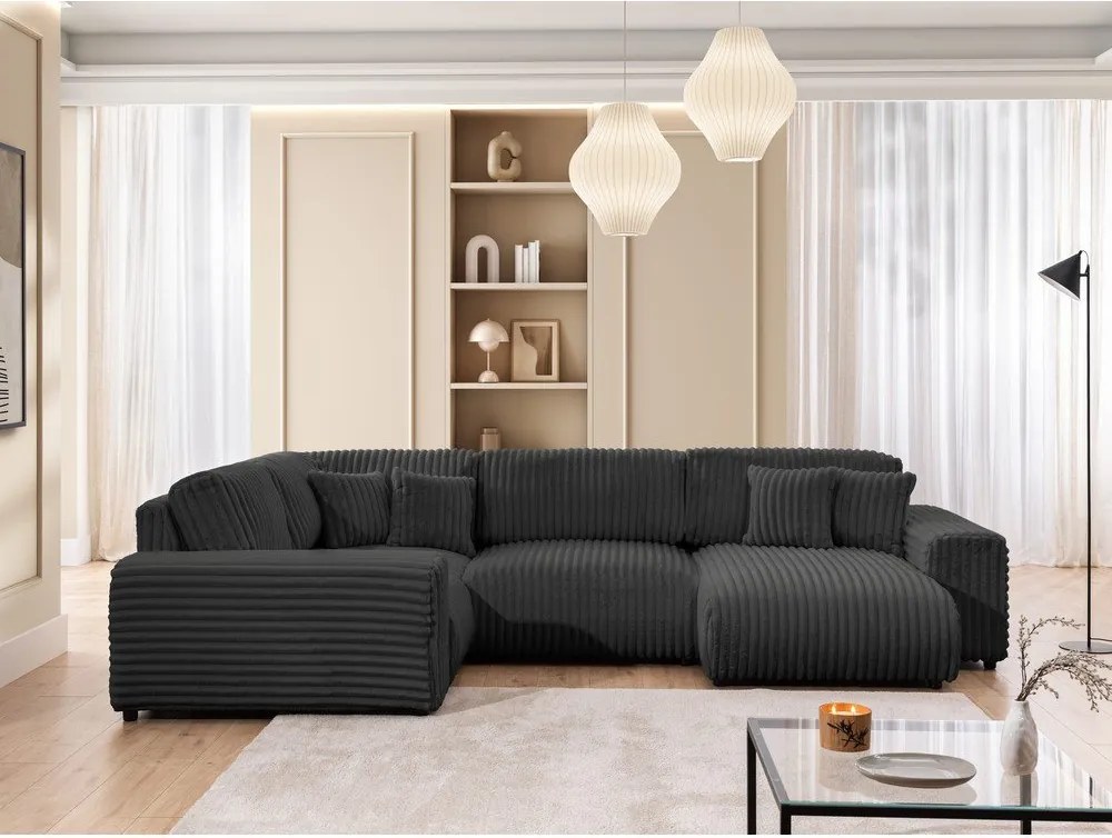 Colțar gri închis cu tapițerie din catifea reiată (cu colț pe partea stângă/în formă de "U") Justin – Ropez