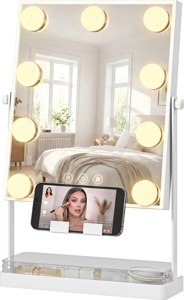 HOMCOM Hollywood Oglindă de machiaj cu lumină 9 becuri LED 3 culori comutator tactil suport pentru telefon Alb | Aosom Romania