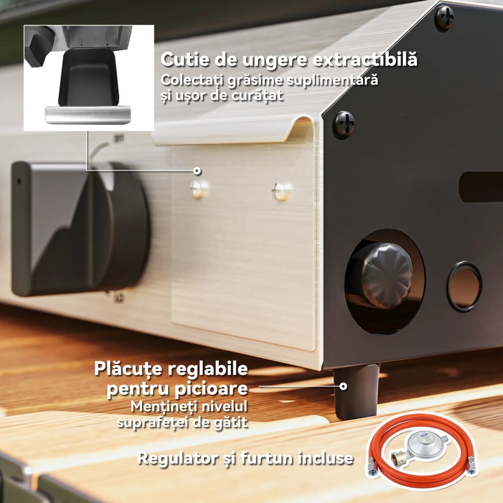Outsunny Grătar pe Gaz cu 4 Arzătoare, Picioare Reglabile și Tavă de Colectare a Grăsimii, 77x44.5x19 cm, Argintiu | Aosom Romania