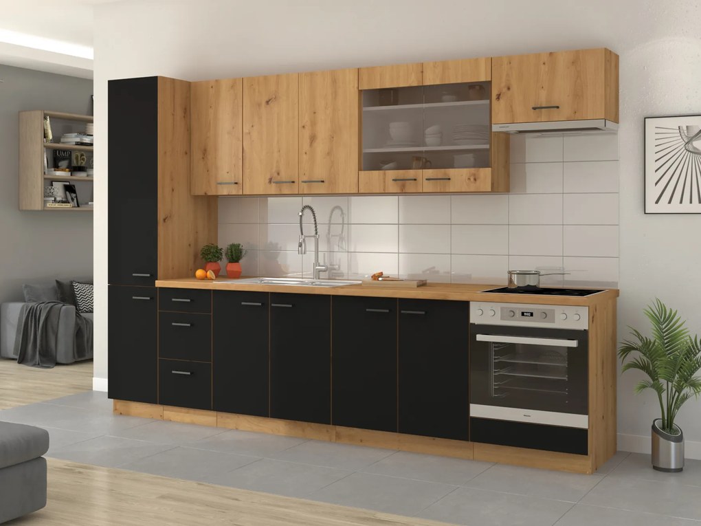 Bucătărie 300 cm Miraluna (Stejar artisan + Negru mat). 1062375