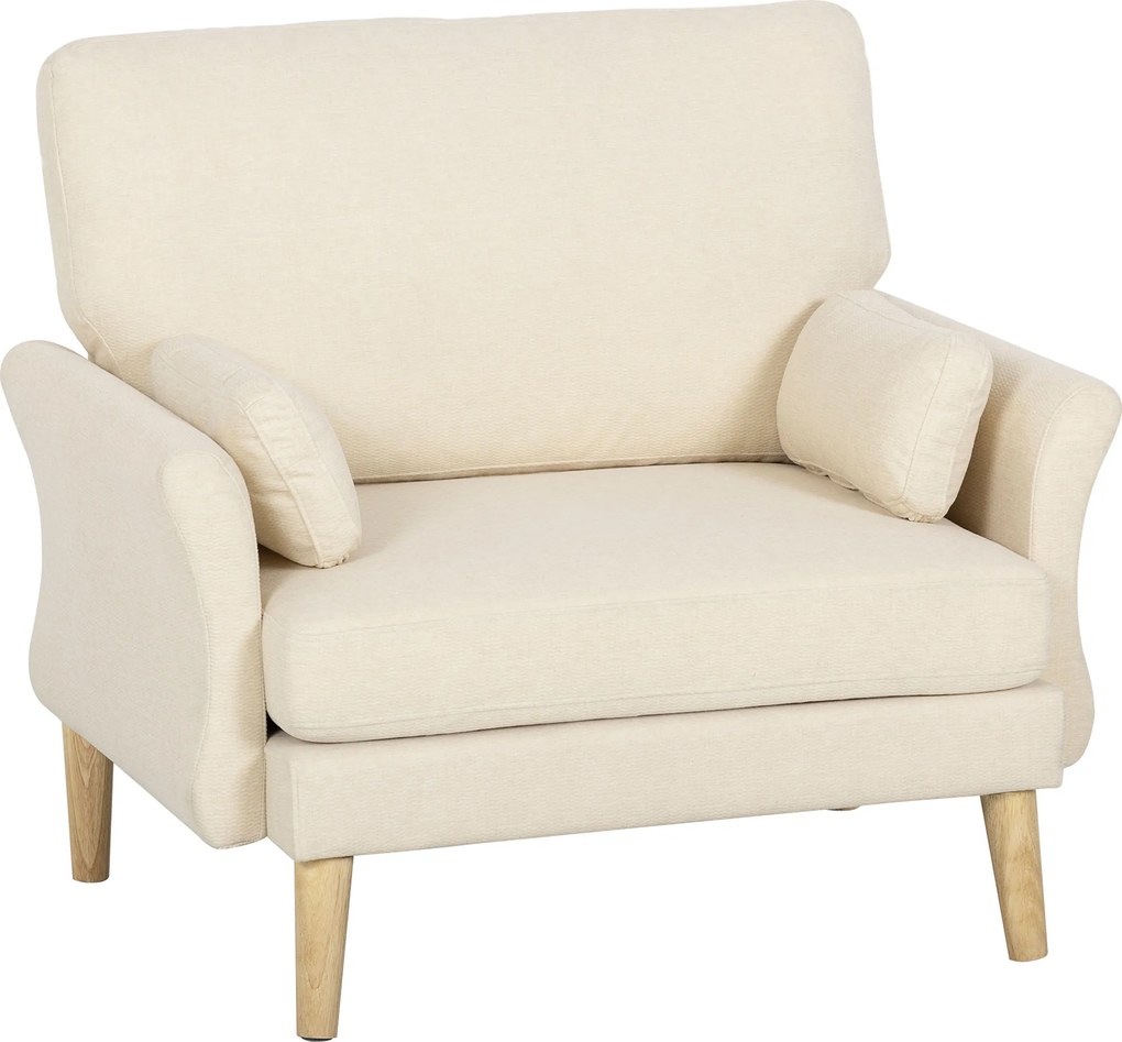 HOMCOM Fotoliu tapițat catifelat, scaun accent supradimensionat cu picioare din lemn, fotoliu pentru living și dormitor, alb crem | Aosom Romania