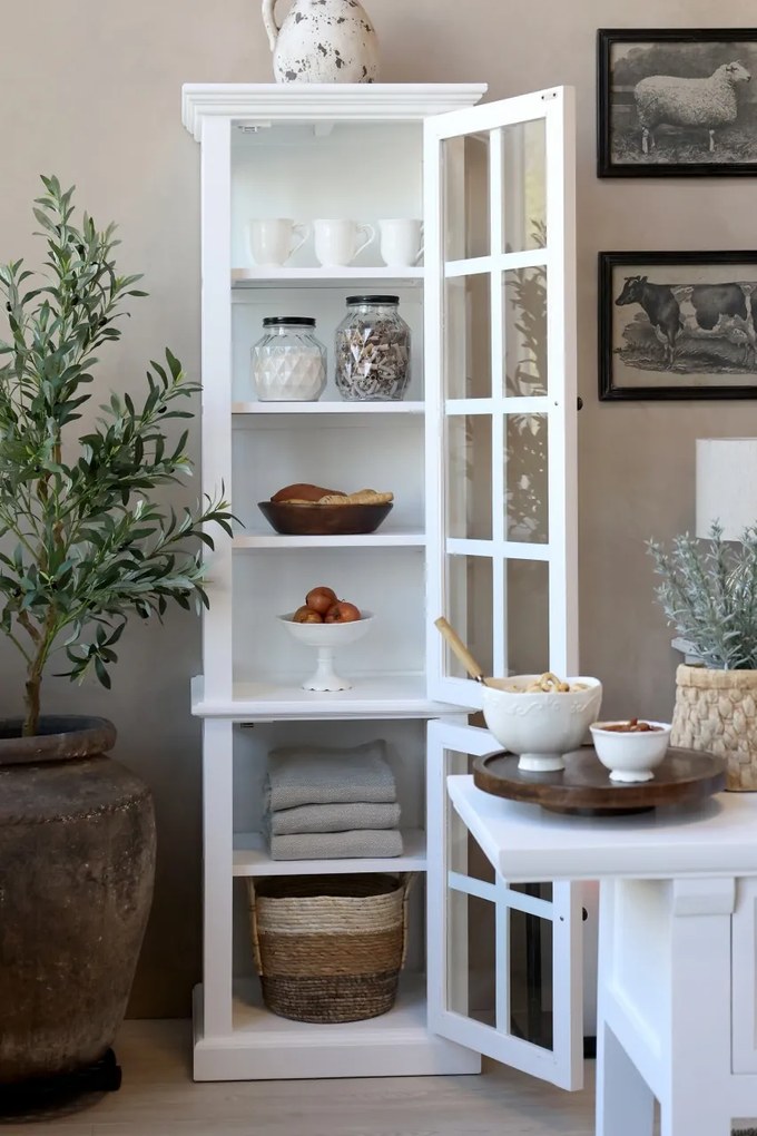 Vitrina din lemn masiv si furnir, alb, cu 2 usi si rafturi, aspect rustic, Marseille