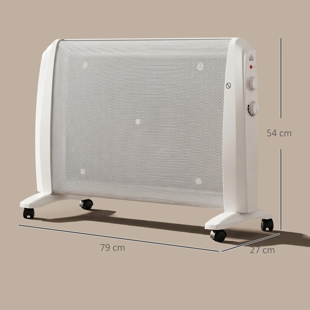 HOMCOM Radiator Electric Mică 1000W/2000W cu Termostat Reglabil, 15-20 m², 4 Roți, 79x27x54 cm, Alb | Aosom Romania