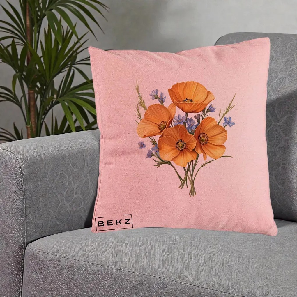 Perna Decorativa Maci Portocalii cu Floricele Albastre, 40x40 cm, Roz, Husa Detasabila, Perna Inclusa, BEKZ®