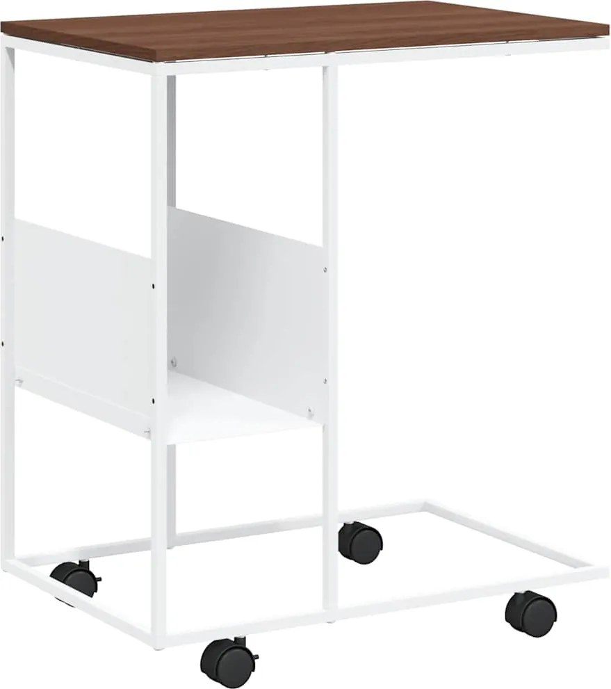 vidaXL Măsuță laterală cu roți, alb/maro, 55x36x63,5 cm lemn prelucrat