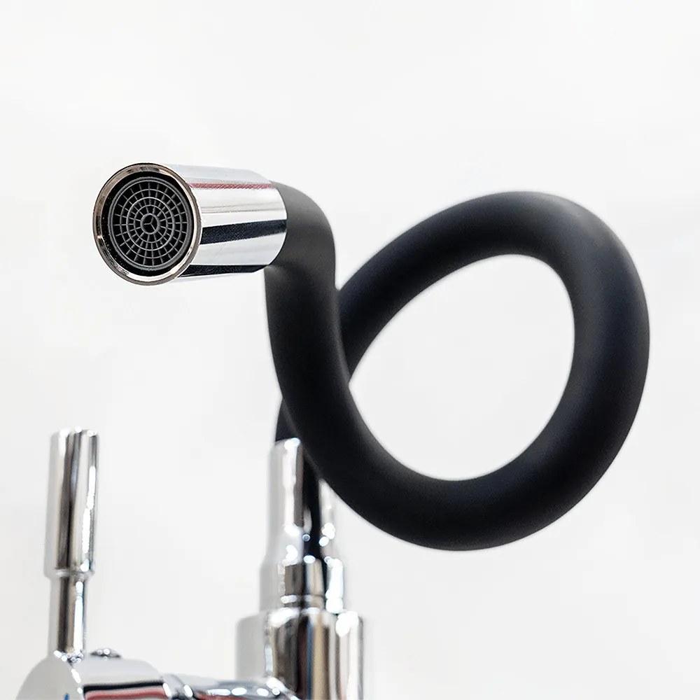 Robinet mixer pentru chiuvetă cu piedestal Corin cu gura de scurgere flexibilă negru