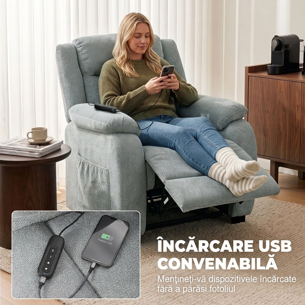 HOMCOM Fotoliu Reclinabil Electric cu Telecomandă și USB, Țesătură Tip In, Verde | Aosom Romania
