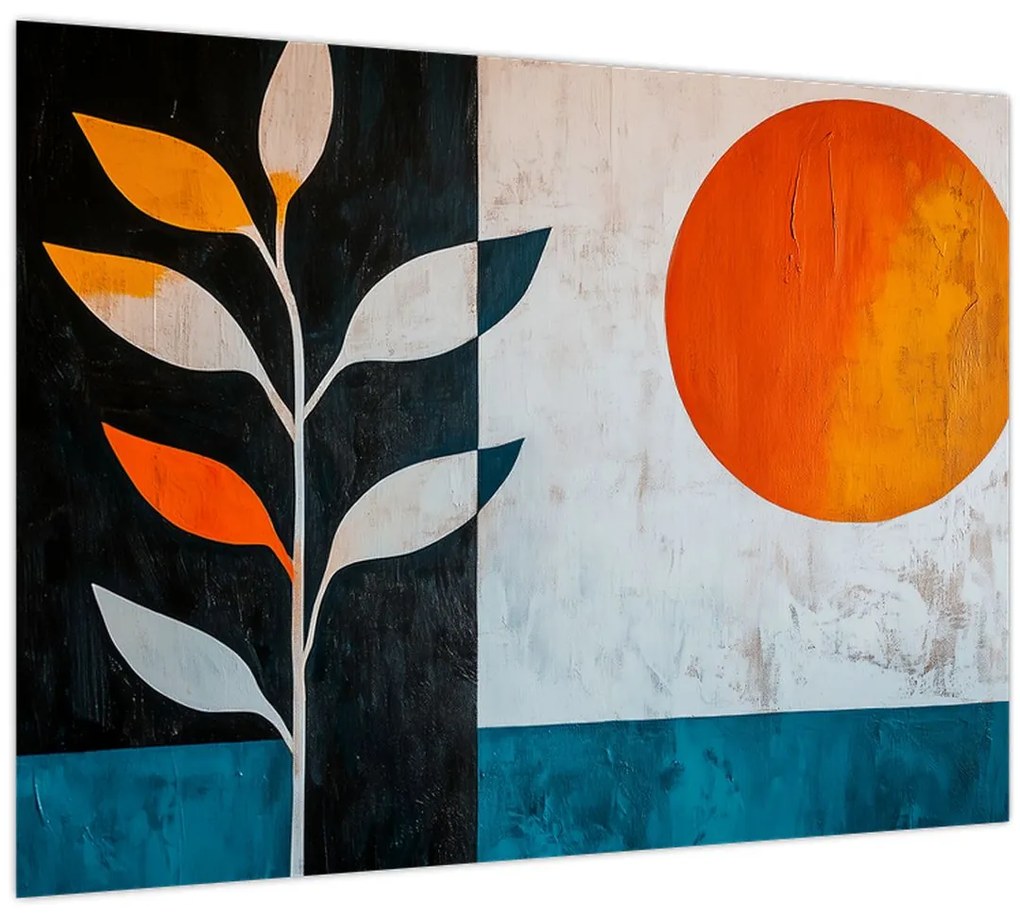 Tablou pe sticlă - Abstracție cu plantă și soare (70x50 cm)