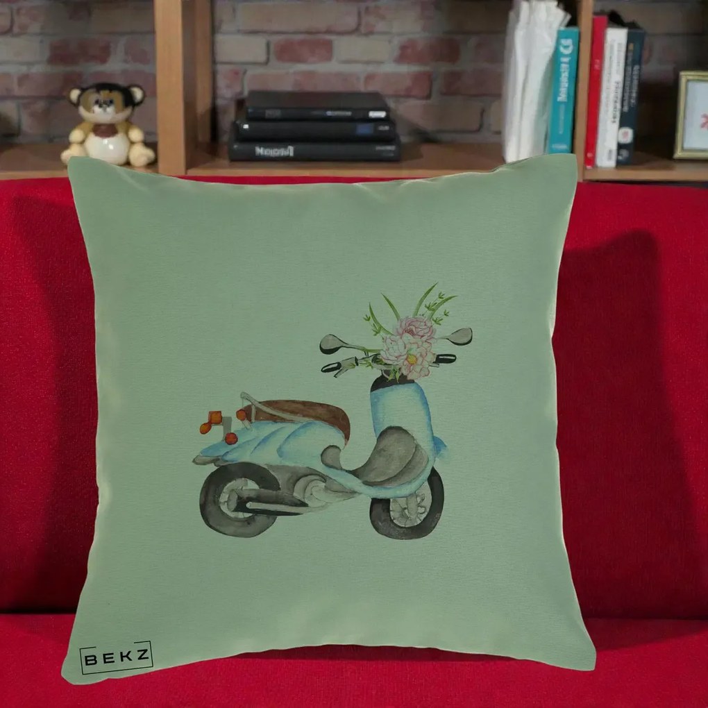 Perna Decorativa Scuter Albastru cu Flori Acuarela, 40x40 cm, Verde, Husa Detasabila, Perna Inclusa, BEKZ®