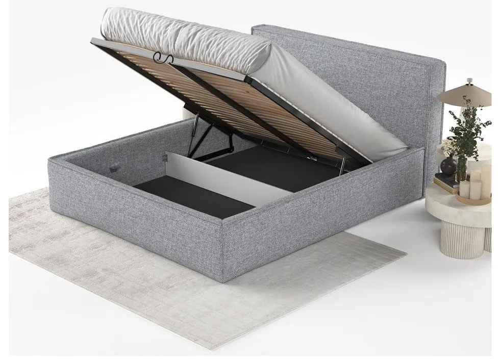 Pat matrimonial gri tapițat cu spațiu de depozitare cu somieră 160x200 cm Lounge L – Maison de Rêve