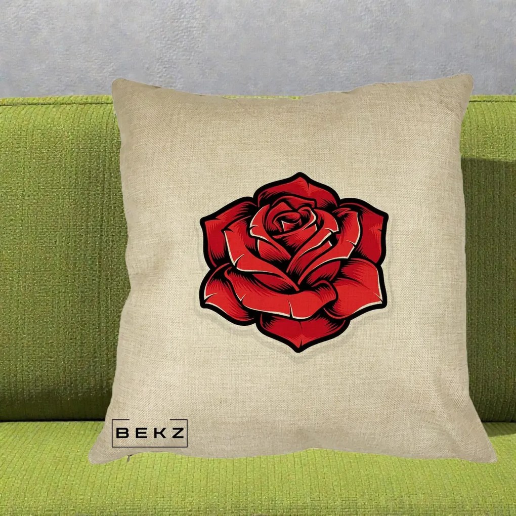 Perna Decorativa Trandafir Rosu Tattoo, 40x40 cm, Crem, Husa Detasabila, Perna Inclusa, BEKZ®