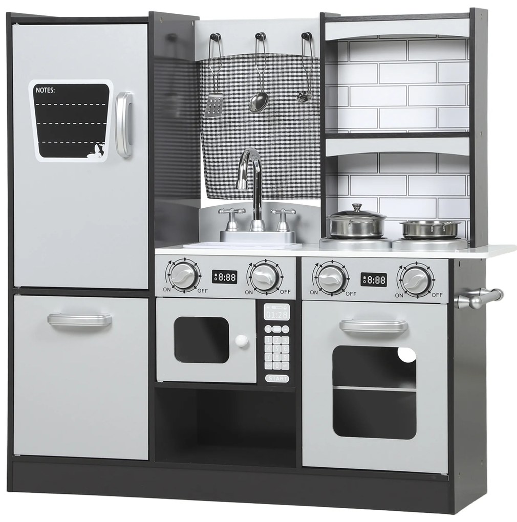 AIYAPLAY Bucătărie de Jucărie pentru Copii 3-8 Ani din Lemn cu Accesorii, Frigider, Chiuvetă și Buton cu Sunete, Maro | Aosom Romania