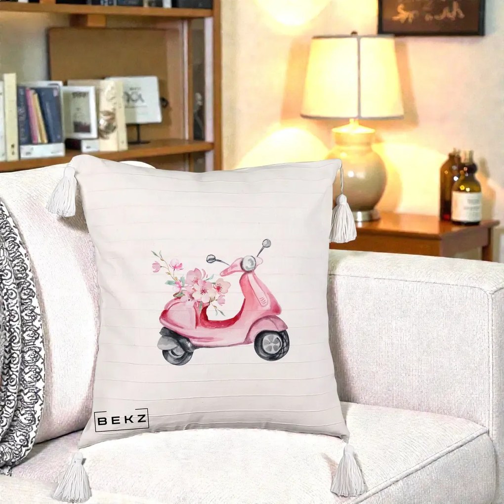 Perna Decorativa Scuter Roz cu Flori Acuarela, 40x40 cm, Bej cu Franjuri, Husa Detasabila, Perna Inclusa, BEKZ®