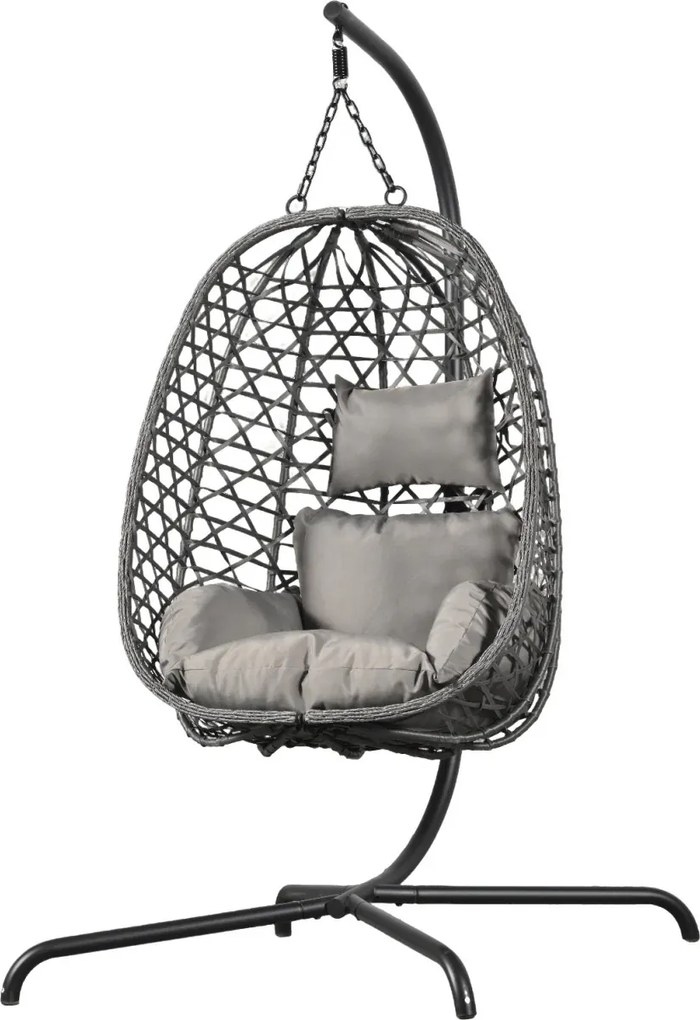 Fotoliu leagan suspendat, cu perne moi, cos pliabil, rezistente la UV, împletitură PE ratan, structură metalică, pentru interior și exterior, Gri