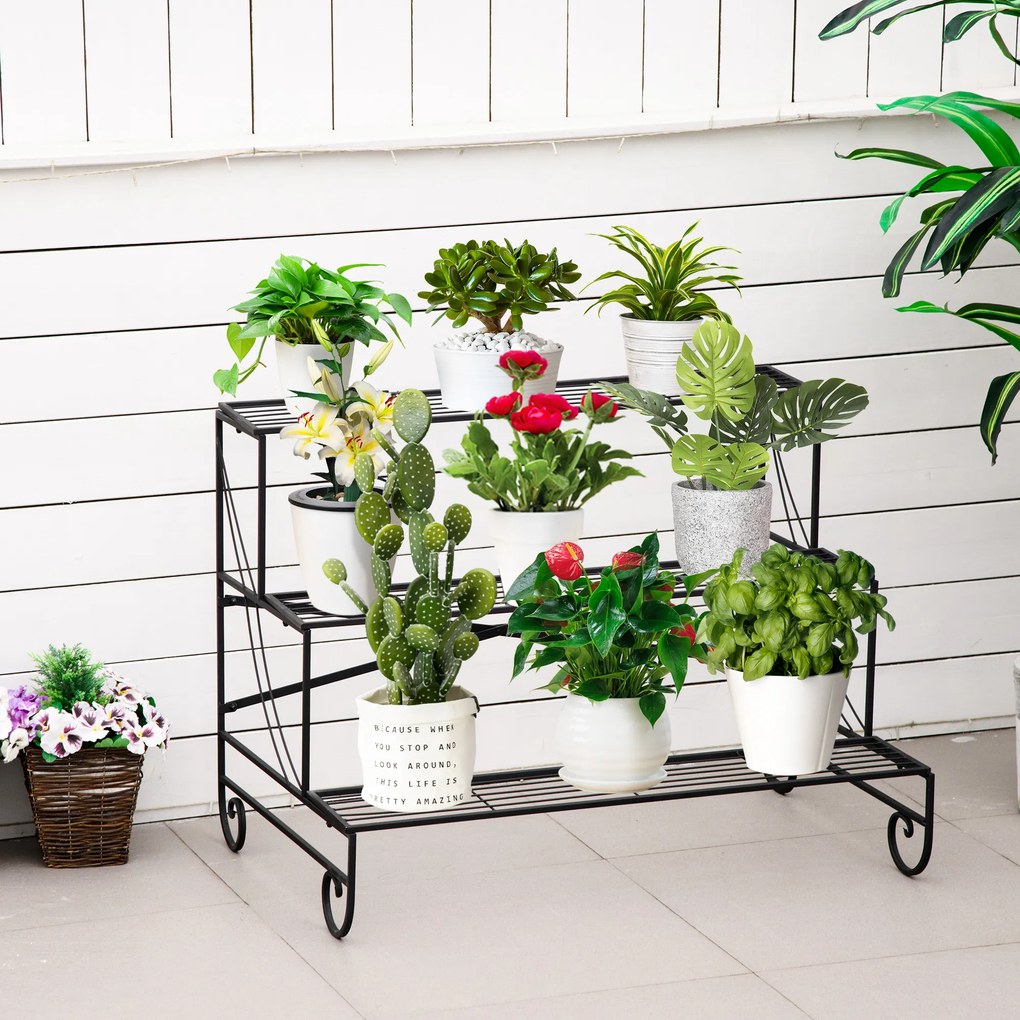 Outsunny Suport pentru Plante din Metal, Scară Suport pe 3 Niveluri pentru Ghivece de Grădina în Stil Vintage, 95x63x72 cm, Negru | Aosom Romania