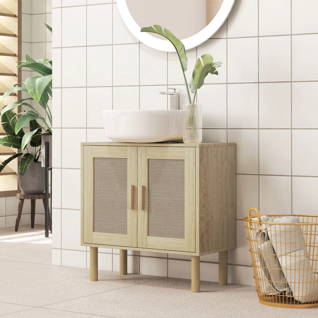HOMCOM Mobila baie sub chiuveta mobilier sub chiuveta usi din rachita picioare din lemn de pin 2 nivele 60 x 30 x 60 cm stejar | Aosom Romania