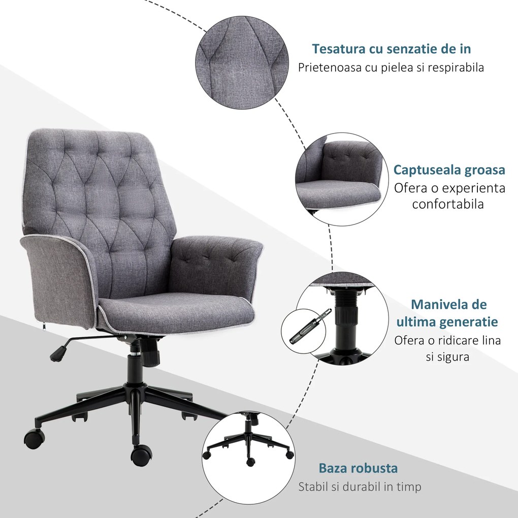 Vinsetto Scaun de Birou Ergonomic Capitonat Înălțime Reglabilă Cotiere Tesatura Efect In 66x69x89.5-97cm Gri Închis | Aosom Romania