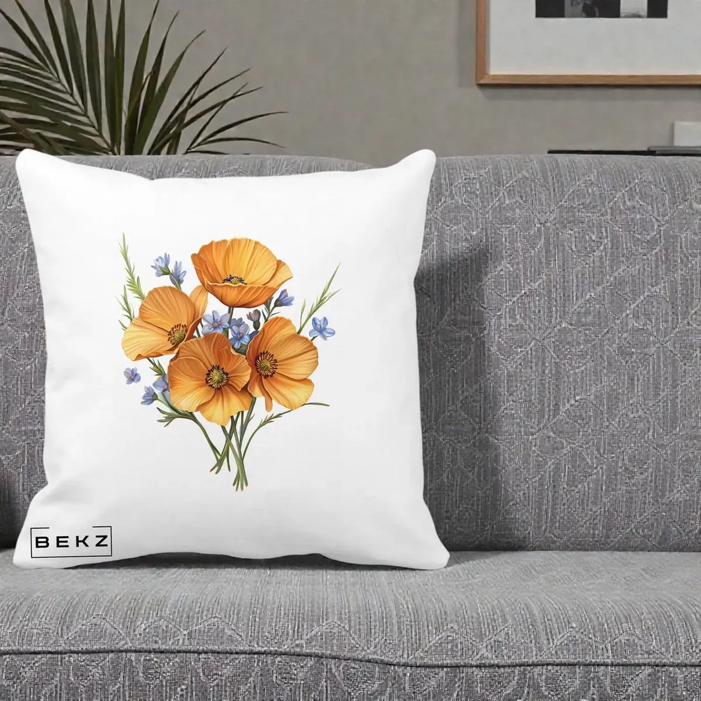 Perna Decorativa Maci Portocalii cu Floricele Albastre, 40x40 cm, Alba Mata, Husa Detasabila, Perna Inclusa, BEKZ®