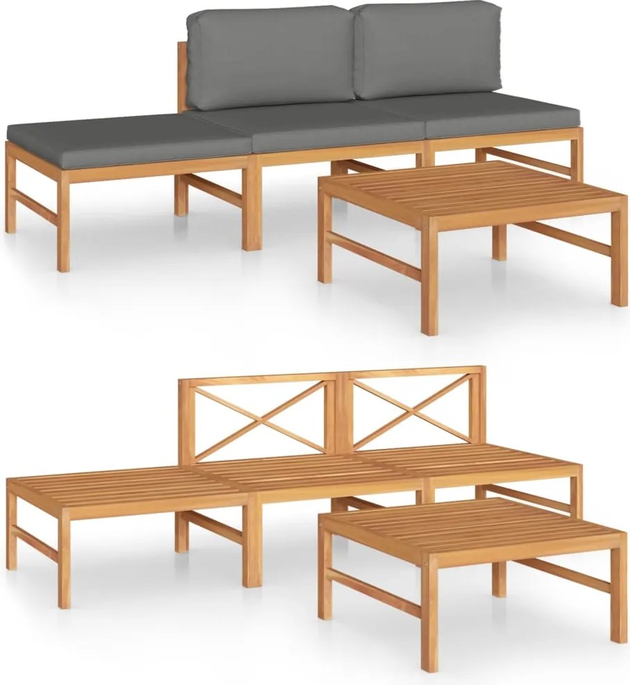 vidaXL Set mobilier grădină cu perne gri, 4 piese, lemn masiv de tec