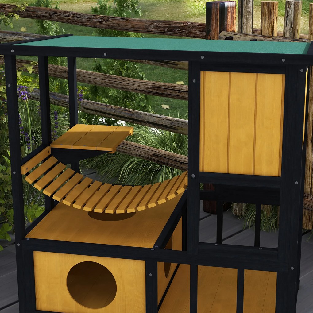 PawHut Casa pentru Pisici Colibă pentru Pisici Casa pentru Pisici, rezistentă la intemperii, 1 rampă, 1 platformă, 84,5 x 60 x 88 cm, Verde + Natural | Aosom Romania
