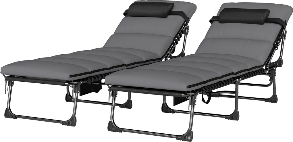Outsunny Set de 2 Șezlonguri de Grădină Saltea XXL 9cm Reglabil 180° Complet Pliabil în 5 Poziții 200x57x38cm Gri | Aosom Romania