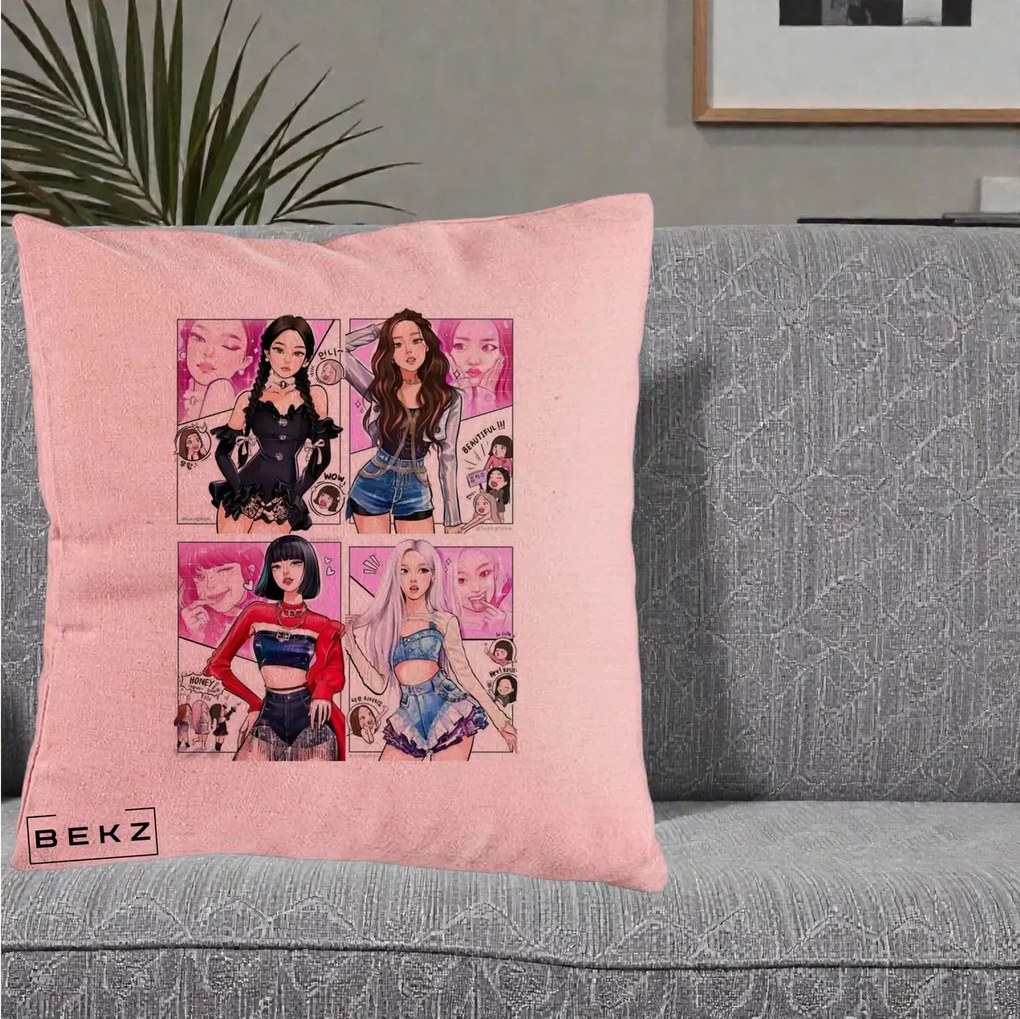 Perna Personalizata K-pop BLACKPINK Fanart Manga Benzi Desenate 4 Membre, 40x40 cm, Roz, Husa Detasabila, Perna Inclusa, BEKZ®