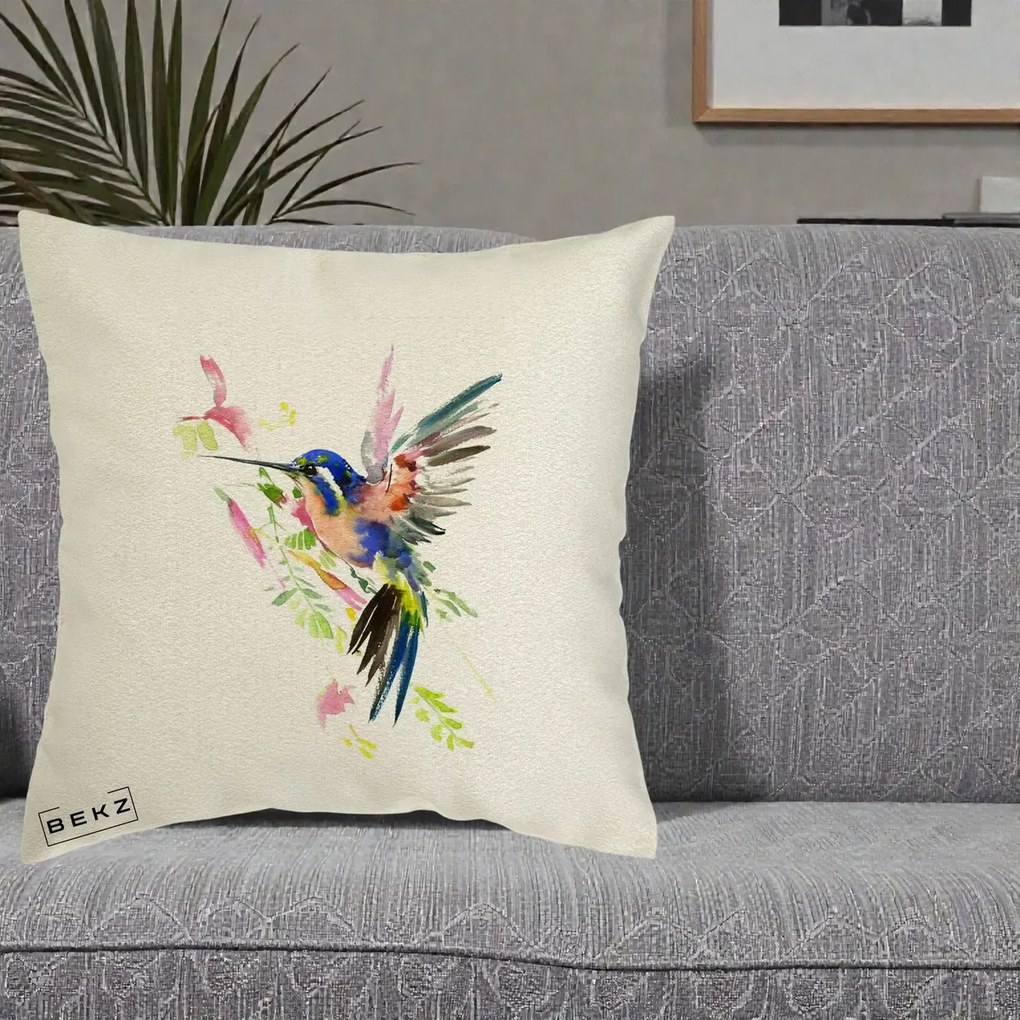 Perna Decorativa Colibri Acuarela, 40x40 cm, Ecru, Husa Detasabila, Perna Inclusa, BEKZ®