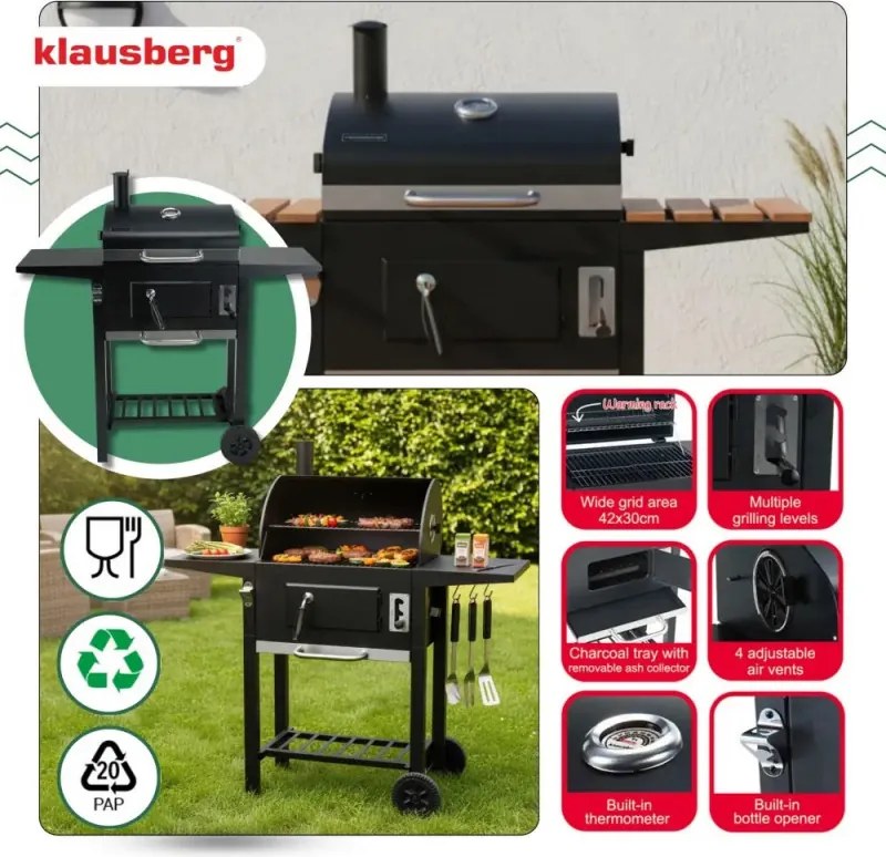 Gratar pe carbuni Klausberg KB 9034, Cos de fum, Ventilatie reglabila, Sertar pentru cenusa, Termometru, Roti, Otel, Negru