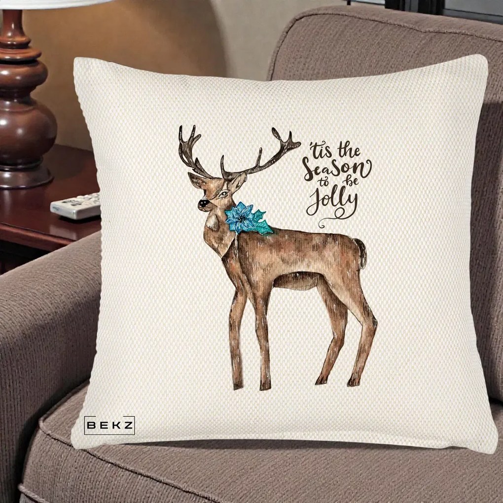 Perna Decorativa Ren Tis the Season to be Jolly, 40x40 cm, Crem Reliefat, Husa Detasabila, Perna Inclusa, BEKZ®