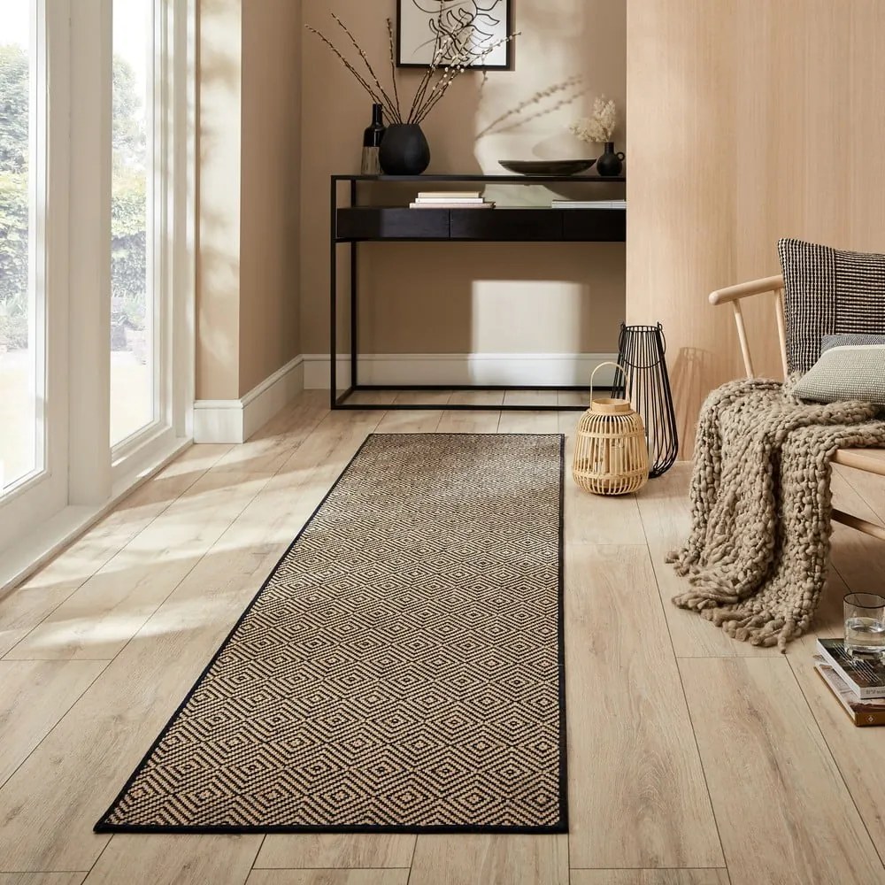 Covor tip traversă pentru scări negru/în culoare naturală din iută 60x600 cm Diamond – Flair Rugs