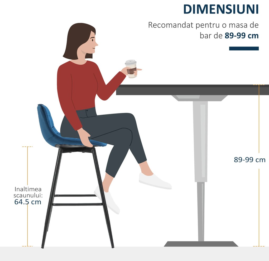 HOMCOM set 2 scaune bar, stil nordic, 45x47x88cm catifea | Aosom Romania