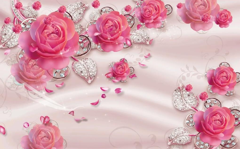 Tapet Premium Canvas - Flori roz si diamante