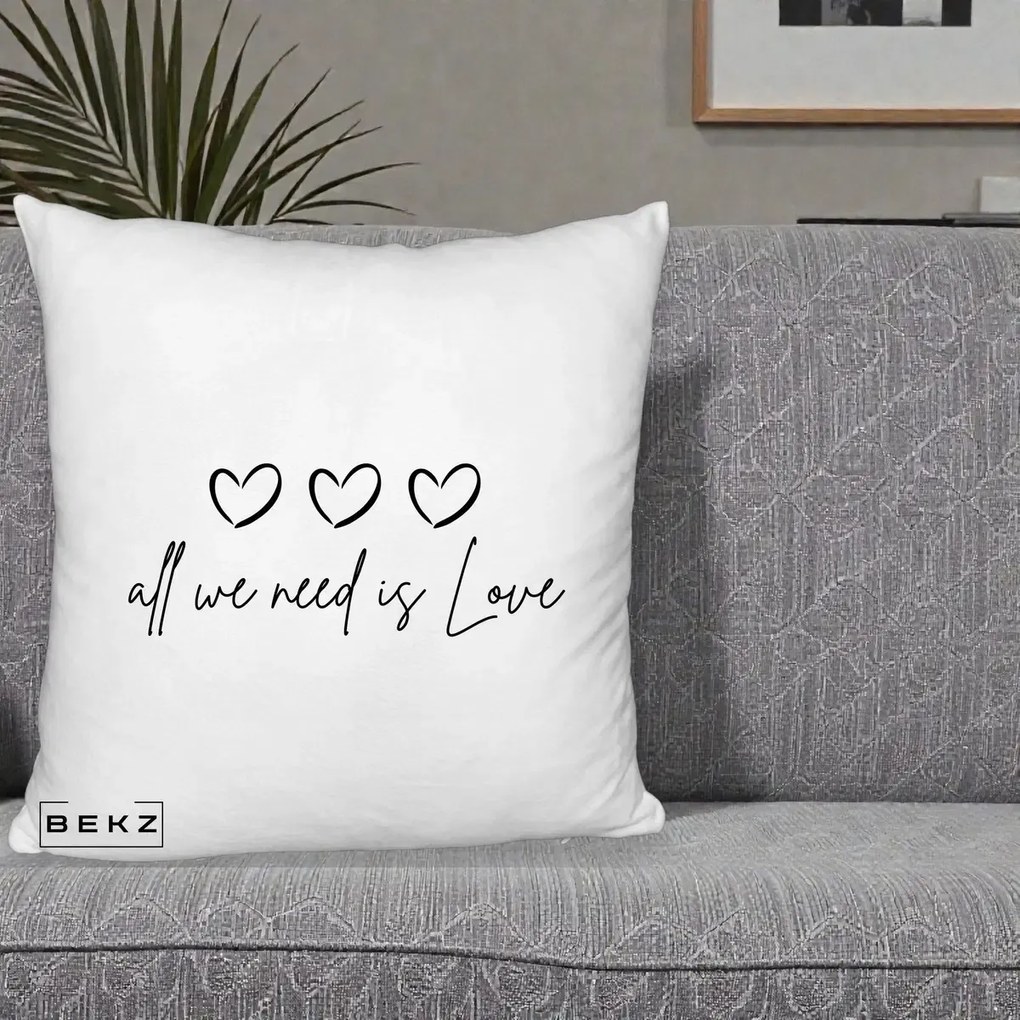 Perna Decorativa All We Need Is Love, 40x40 cm, Alb Pufos, Husa Detasabila, Perna Inclusa, BEKZ®