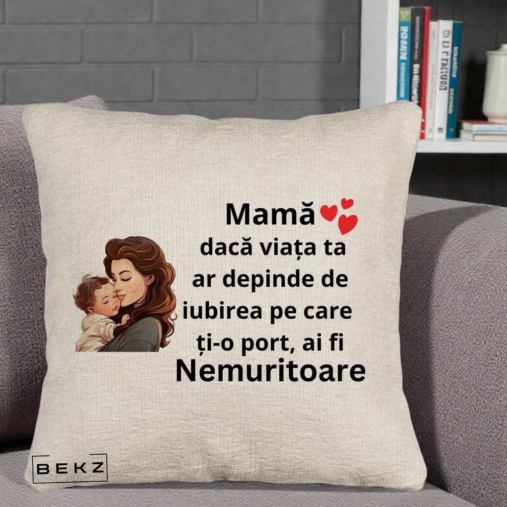 Cadou pentru Mama - Perna Personalizata Mama Nemuritoare cu Bebelus Lineart, 40x40 cm, Bej Canapea, Husa Detasabila, Perna Inclusa, BEKZ®