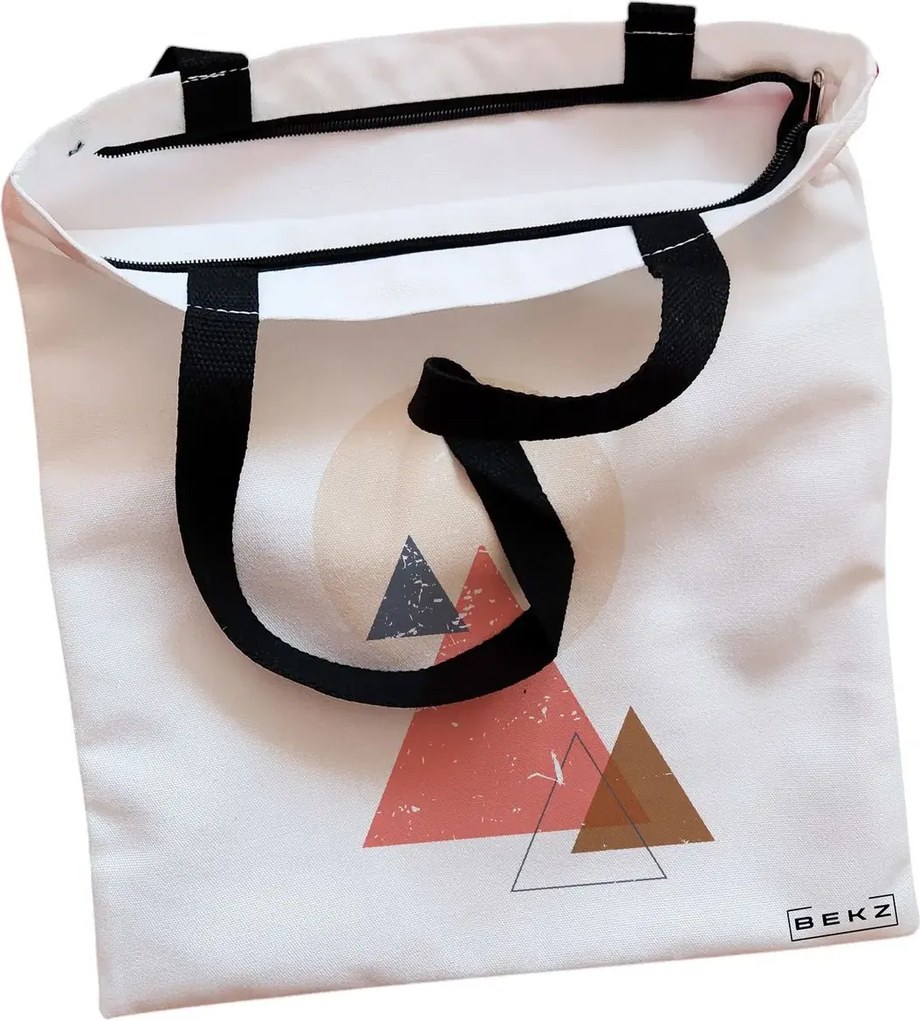 Sacosa de Panza pentru Cumparaturi, Geanta Tote, model Triangles, Cu fermoar, 38x34.5 cm, Alba, BEKZ®