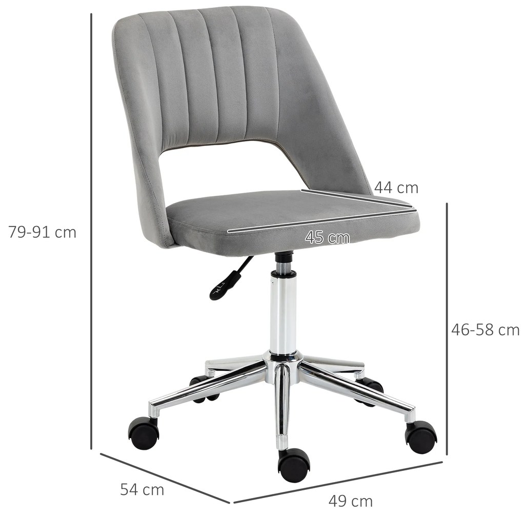 Vinsetto Scaun Ergonomic de Birou, Gri, Înălțime Ajustabilă, 5 Roți, Sezut Pivotant, 49x54x79-91cm, Tapiterie Efect Catifea | Aosom Romania