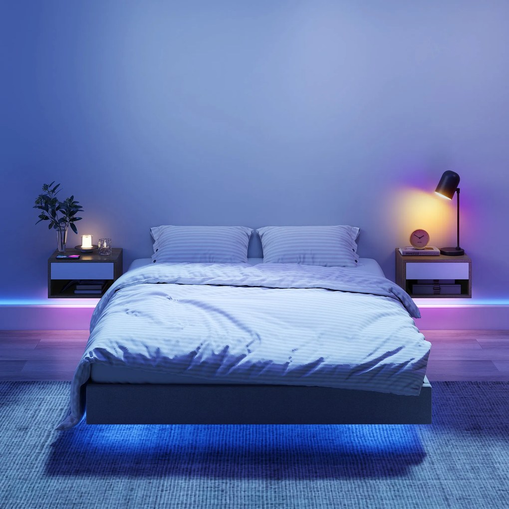 HOMCOM Set 2 Noptiere Suspendate cu LED RGB Integrat și Reglabil prin Aplicație, 37x32x21 cm, Alb Imitație Lemn | Aosom Romania