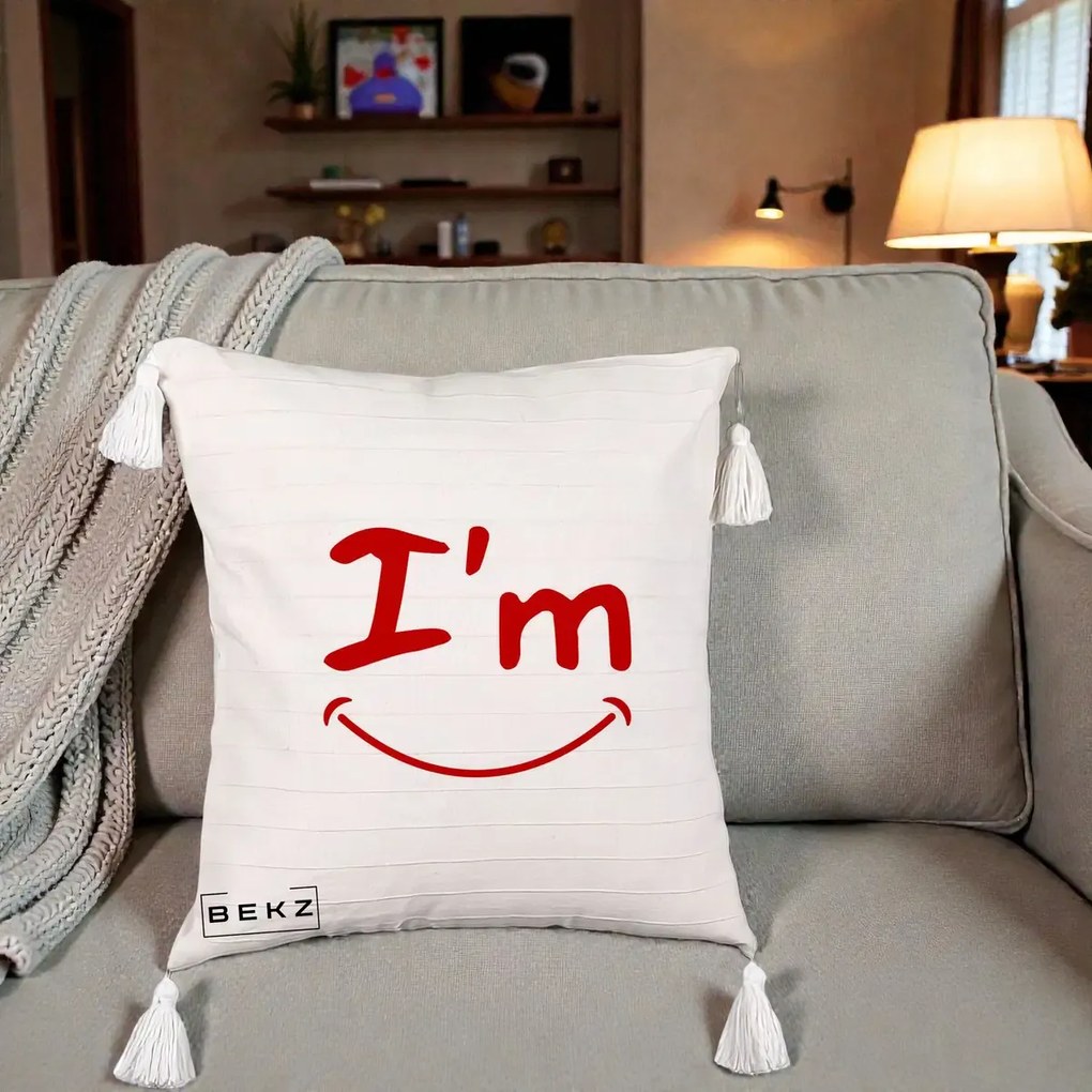 Perna Decorativa I'm Happy Smile, 40x40 cm, Bej cu Franjuri, Husa Detasabila, Perna Inclusa, BEKZ®