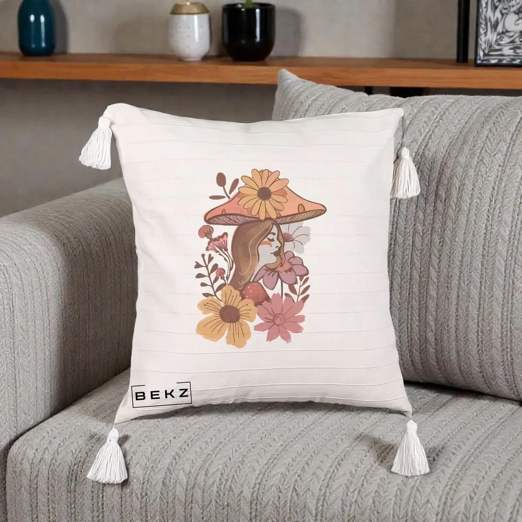Perna Decorativa Fata Ciuperca Florala Boho, 40x40 cm, Bej cu Franjuri, Husa Detasabila, Perna Inclusa, BEKZ®