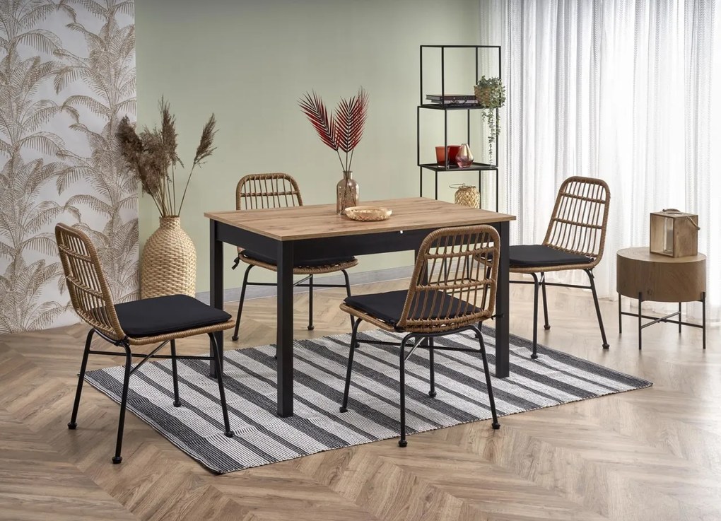 Set masa extensibila Greg L124-168 cm + 4 scaune K401 ratan natural/negru